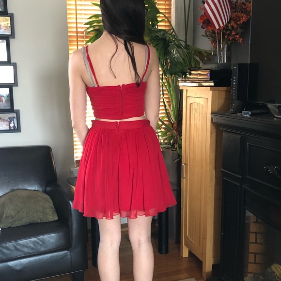 Red Rhinestone Two-Piece Formal Homecoming Dress - Picture 2 of 5